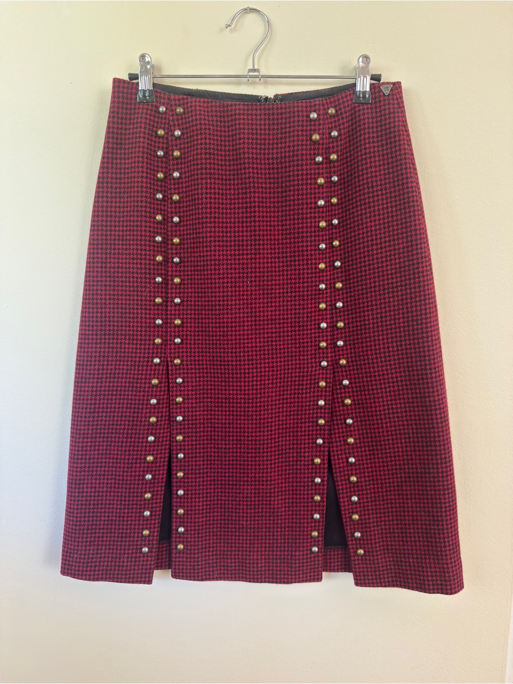 Scotch & Soda Red and Black Houndstooth Studded A-Line Skirt